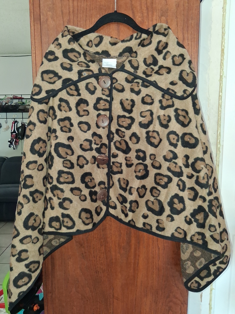 Fashion Nova Leopard Print Cape Jacket - Tan and Black Trim